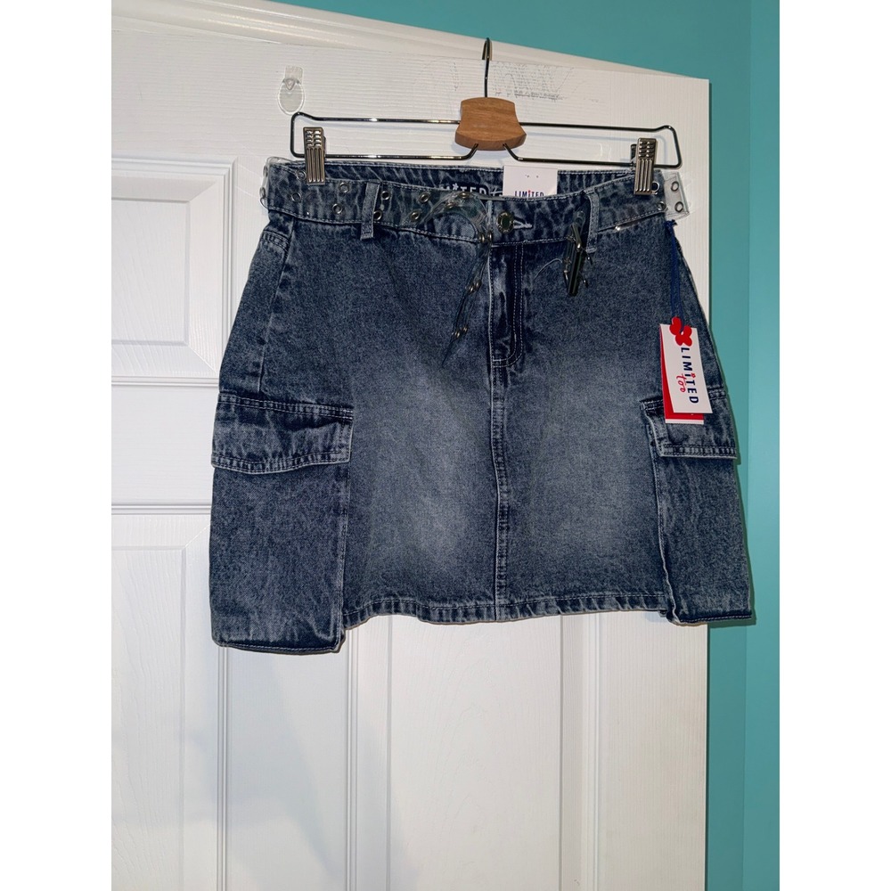 Limited Too Girls Medium Wash Denim Cargo Skirt with Clear Belt Size 18 NWT